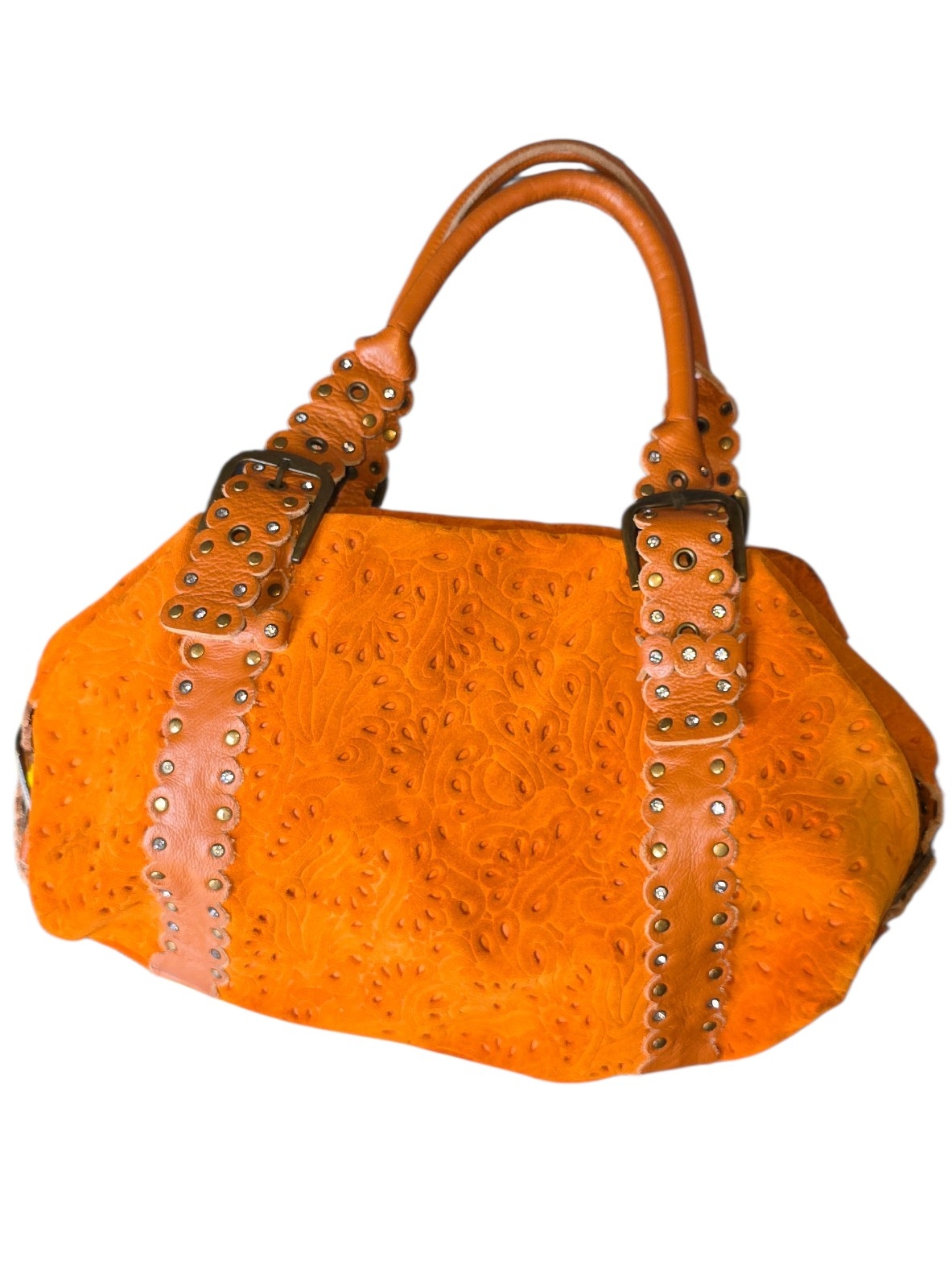 Charm And Luck Bright Orange Floral-Embossed Satchel With Studded Leather Straps